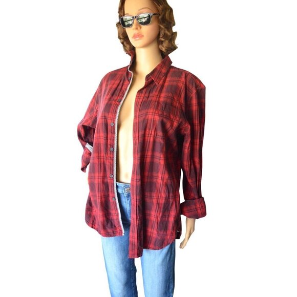 American Rag Red Black Plaid Men's Cotton Button Down Size Medium Fall Western - Picture 3 of 7